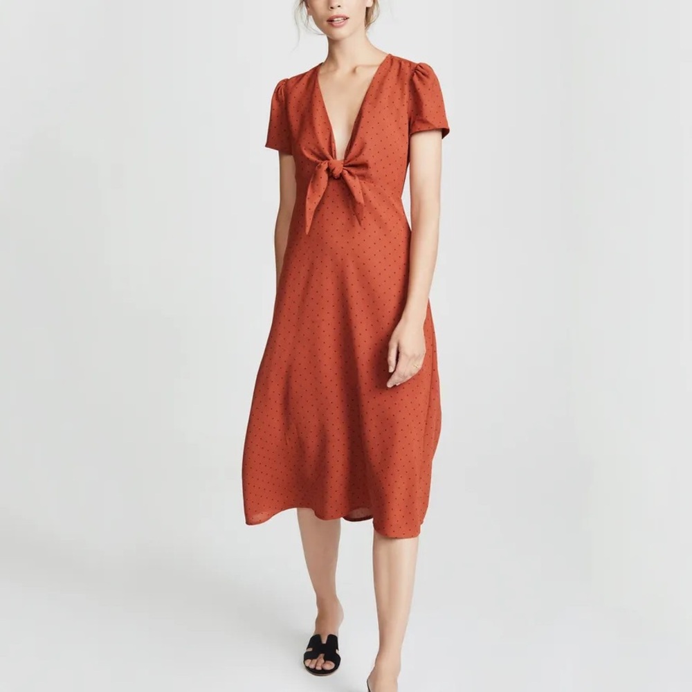 Re:named Rust Polka Dot Tie-Front Midi Dress - size M